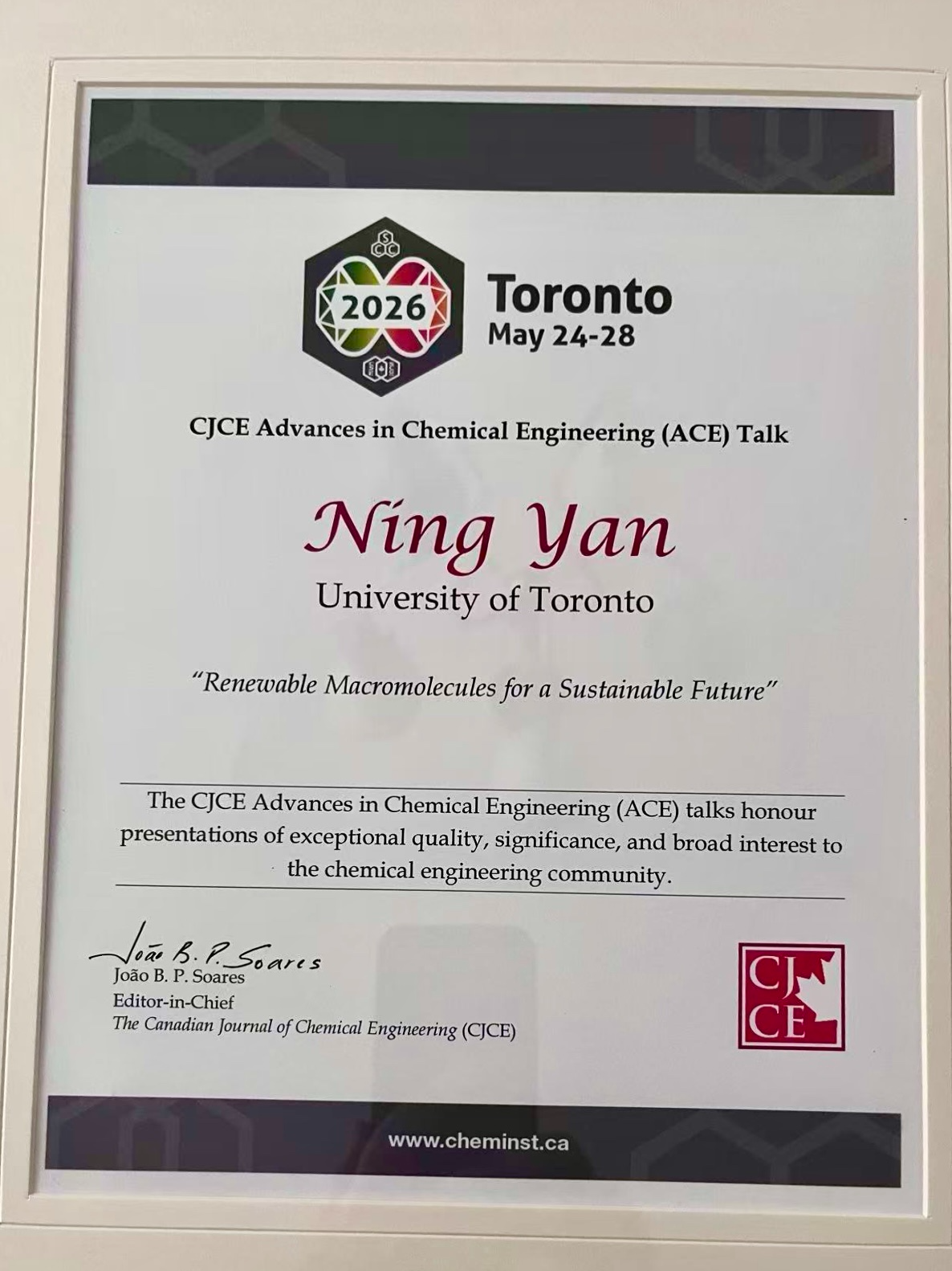Professor Ning Yan Delivered CJCE ACE Award Lecture at CSChE 2026 | Yan Lab